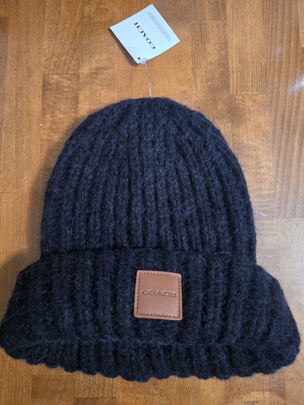 Coach Black Ribbed Knit Beanie with Leather Logo Patch
